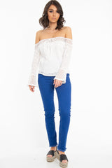 White Crochet Lace Tie Front Bardot Top - Greta