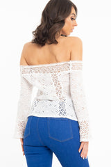 White Crochet Lace Tie Front Bardot Top - Greta