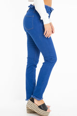 Dark Denim High Waist Frilled Hem Paperbag Jeans - Cataleyah