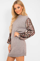 Grey Sequin Sleeve Jumper Dress - Moniece