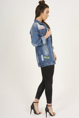 Dark Wash Badge Detail Distressed Denim Jacket - Becca