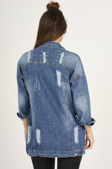 Dark Studded Distressed Oversized Denim Jacket - Barbara