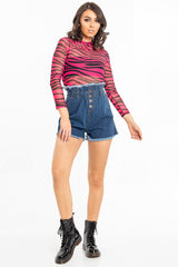 Pink Black Zebra Mesh High Neck Long Sleeved Top - Soleil