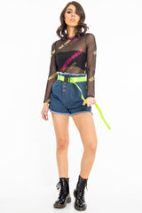 Black Slogan Mesh High Neck Long Sleeved Top - Soleil