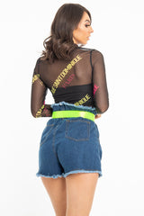 Black Slogan Mesh High Neck Long Sleeved Top - Soleil