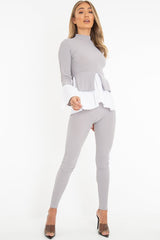 Grey Ribbed Flared Shirt and Leggings Co-ord - Aafiya