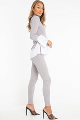 Grey Ribbed Flared Shirt and Leggings Co-ord - Aafiya