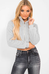 Grey Zip Front Faux Fur Crop Jacket - Perri