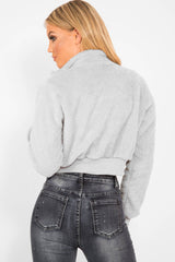 Grey Zip Front Faux Fur Crop Jacket - Perri