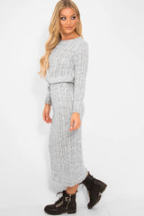 Grey Cable Knit Drawstring Waist Dress - Rhea