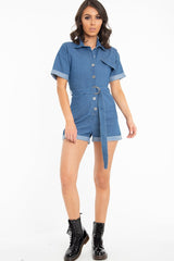 Blue Denim Short Sleeve Belted Playsuit - Avira