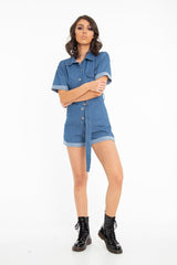 Blue Denim Short Sleeve Belted Playsuit - Avira