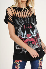 Black Distressed 'Wings Of Rock Tour' Print T-Shirt - Mischa