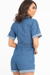 Blue Denim Short Sleeve Belted Playsuit - Avira