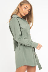 Khaki Button Up Belted Utility Dress - Abia