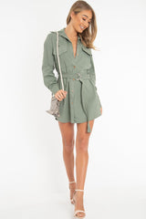 Khaki Button Up Belted Utility Dress - Abia