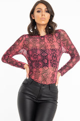 Pink Snake Print Mesh Long Sleeve Top - Marisela