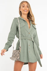 Khaki Button Up Belted Utility Dress - Abia