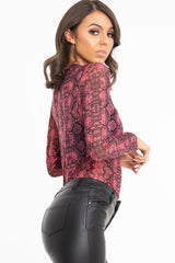 Pink Snake Print Mesh Long Sleeve Top - Marisela