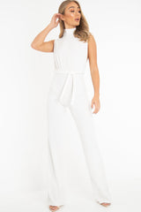 White High Neck Belted Wide Leg Jumpsuit - Phoebie