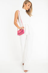 White High Neck Belted Wide Leg Jumpsuit - Phoebie