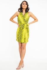 Lime Snake Print Wrap Tie Front Sleeveless Dress - Jayde