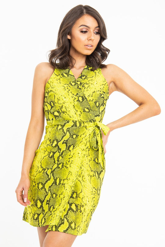 Lime Snake Print Wrap Tie Front Sleeveless Dress - Jayde