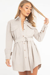 Beige Button Up Belted Utility Dress - Abia