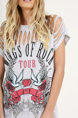 Grey Distressed 'Wings Of Rock Tour' Print T-Shirt - Mischa