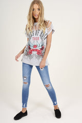 Grey Distressed 'Wings Of Rock Tour' Print T-Shirt - Mischa
