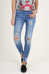 Light Blue Badge Distressed High Waisted Jeans - Leora