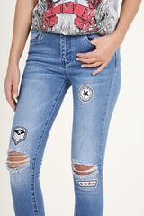 Light Blue Badge Distressed High Waisted Jeans - Leora