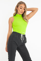 Neon Green Rib High Neck Cut Out Back Bodysuit - Leara