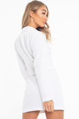 White Double Breasted Button Front Belted Blazer - Enya