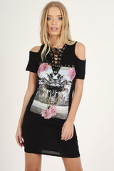 Black Lace Up Cut Shoulder Slogan T-shirt Dress - Afi