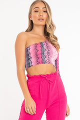 Pink Snake Print One Sleeve Crop Top - Preesha