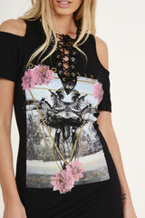 Black Lace Up Cut Shoulder Slogan T-shirt Dress - Afi