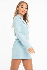 Light Blue Double Breasted Button Front Belted Blazer - Huda