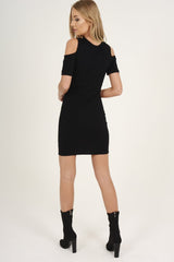 Black Lace Up Cut Shoulder Slogan T-shirt Dress - Afi