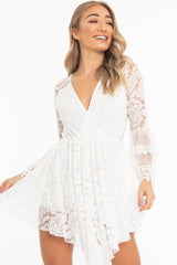 White Lace Plunge Wrap Bell Sleeve Mini Dress - Kristina