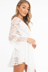 White Lace Plunge Wrap Bell Sleeve Mini Dress - Kristina