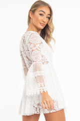 White Lace Plunge Wrap Bell Sleeve Mini Dress - Kristina