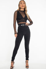 Black Dot Mesh High Neck Long Sleeve Top - Shine