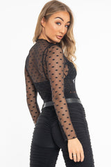 Black Dot Mesh High Neck Long Sleeve Top - Shine