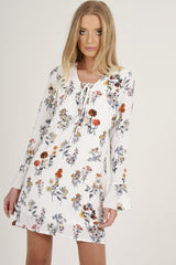White Floral Flared Sleeve Dress - Aisha