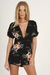 Black Floral V Cut Playsuit - Dianne