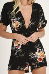 Black Floral V Cut Playsuit - Dianne