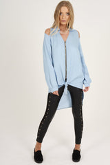 Light Blue Oversized Cold Shoulder Front Zip Shirt - India