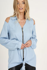Light Blue Oversized Cold Shoulder Front Zip Shirt - India