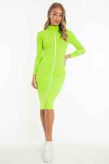 Lime Green Contrast Stripe Detail High Neck Midi Dress - Niana